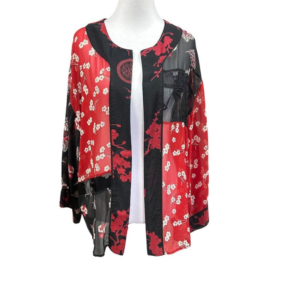 Chicos Silk Asian Inspired Sheer Short Kimono Cardigan Sz 1 / M Red Black Floral